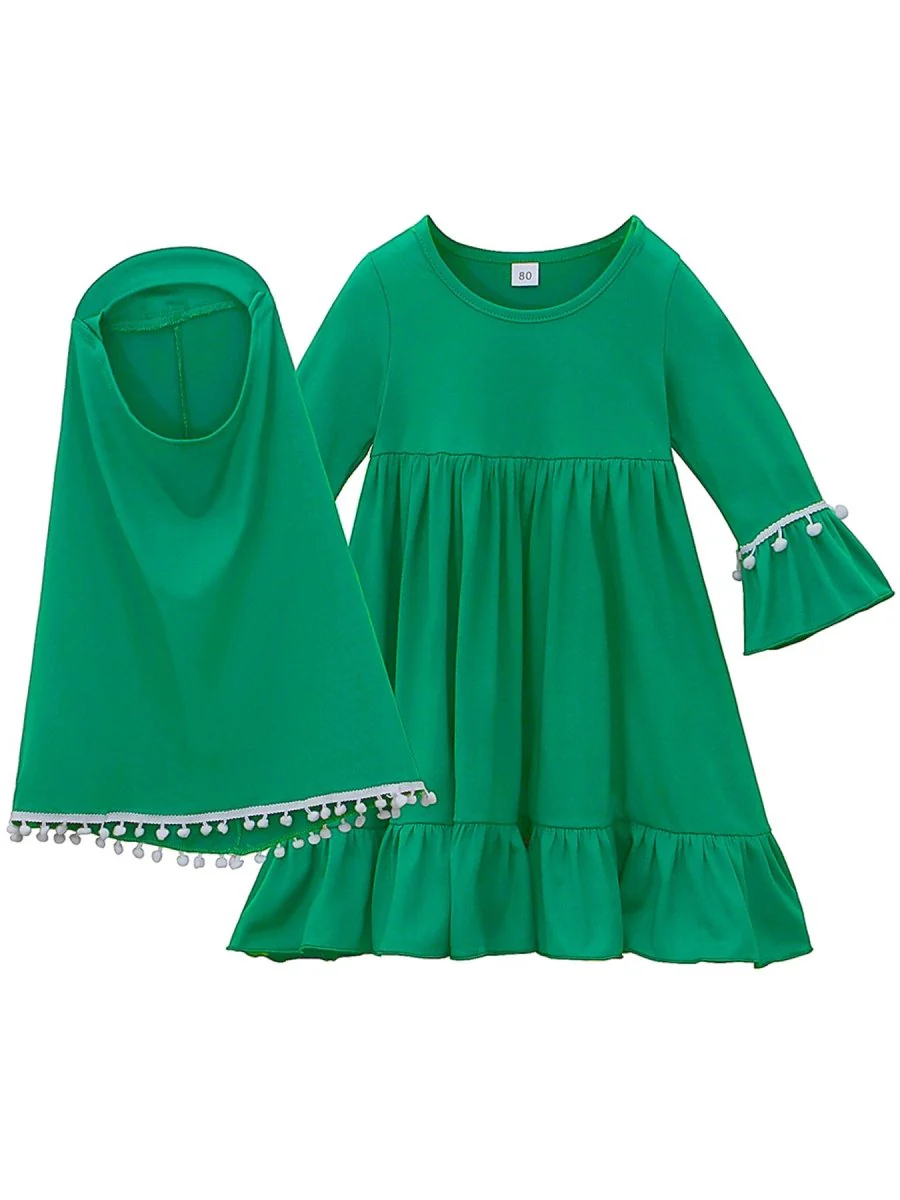 Little Muslimah Girls Dress & Hijab Set with Pom-Pom Trim (MKG028) - Image 6