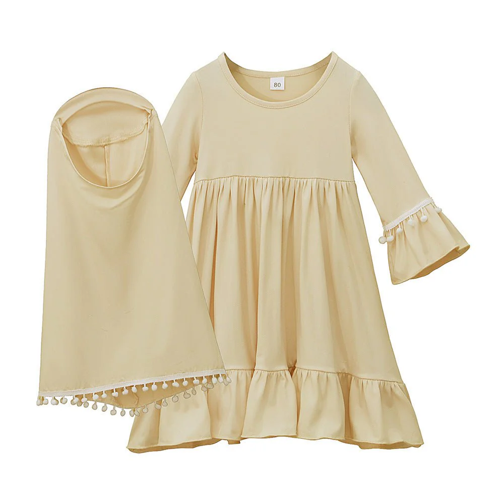 Little Muslimah Girls Dress & Hijab Set with Pom-Pom Trim (MKG028) - Image 7