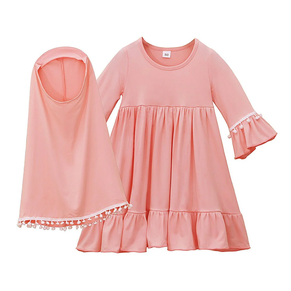 Little Muslimah Girls Dress & Hijab Set with Pom-Pom Trim (MKG028) - Image 8