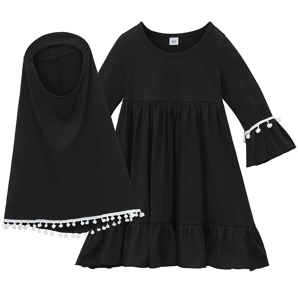 Little Muslimah Girls Dress & Hijab Set with Pom-Pom Trim (MKG028) - Image 9
