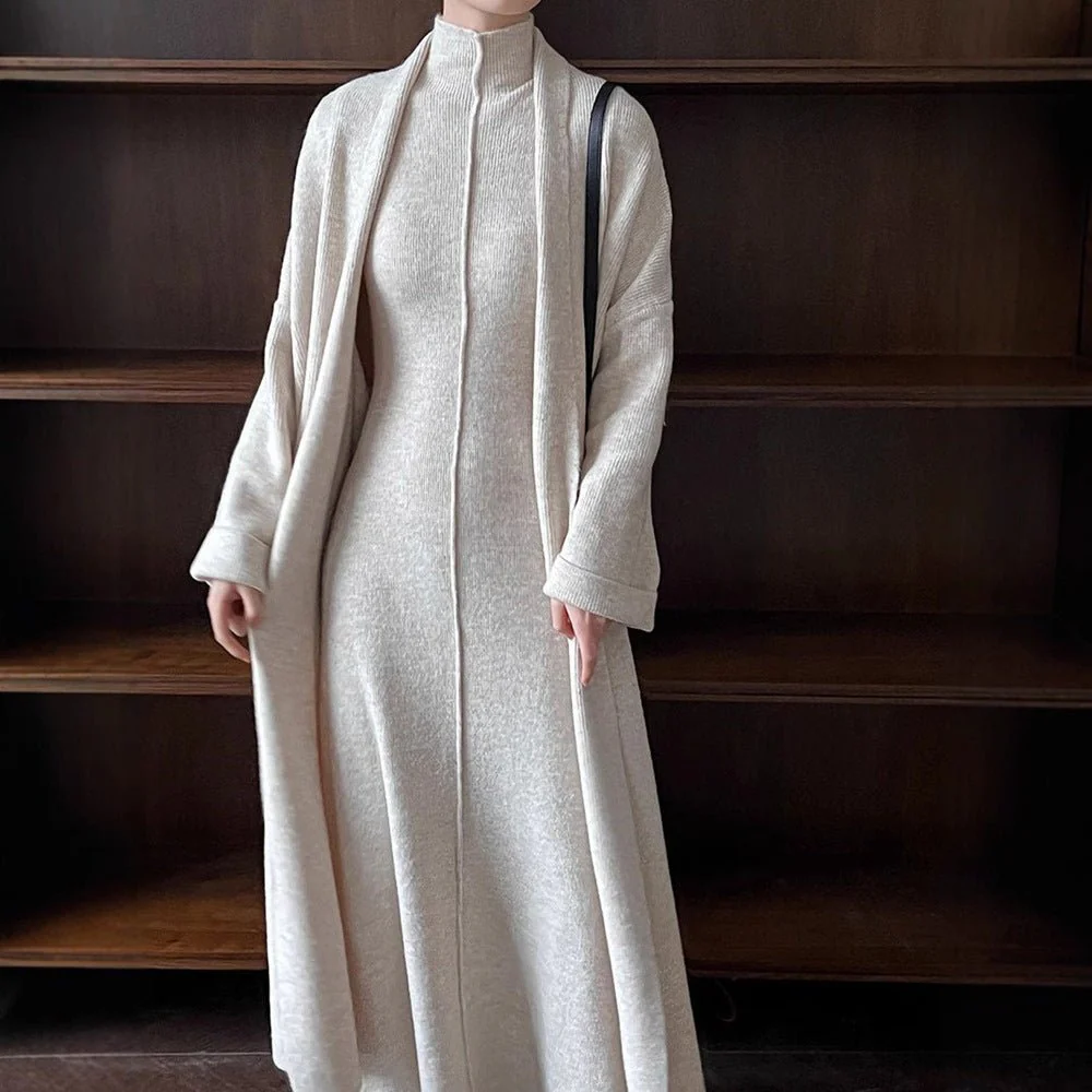 Long Knit Cardigan With Turtleneck Inner Dress For Autumn & Winter (MS177)