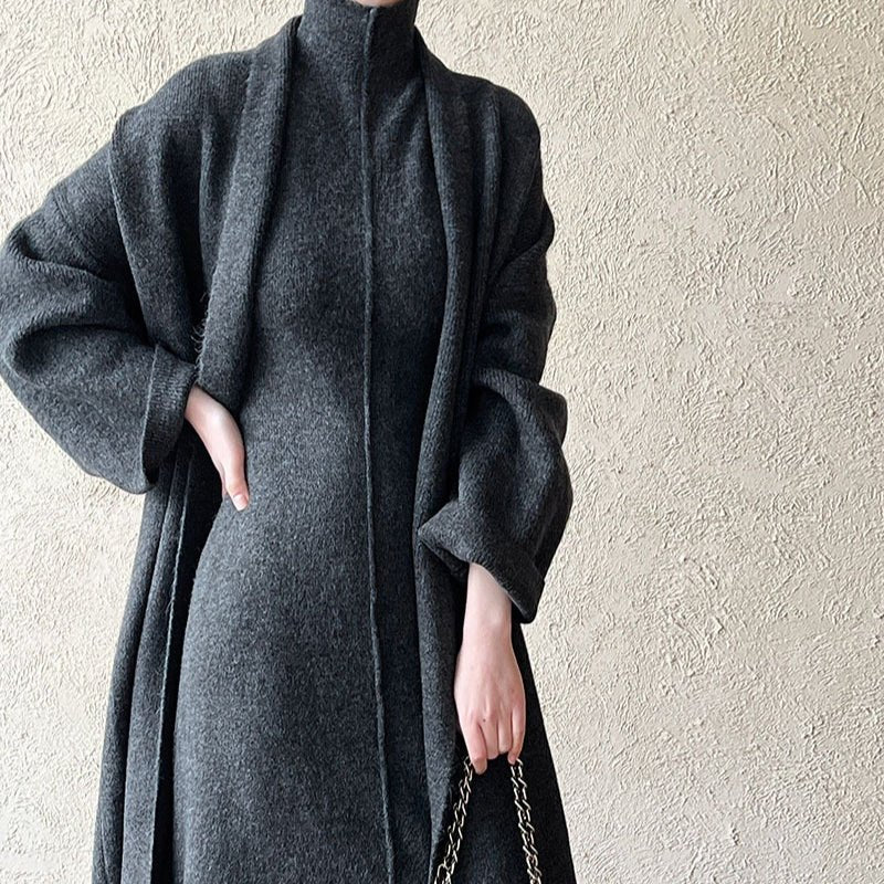 Long Knit Cardigan With Turtleneck Inner Dress For Autumn & Winter (MS177) - Image 13