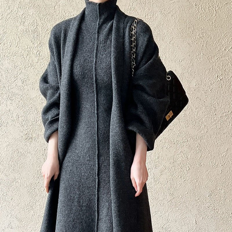 Long Knit Cardigan With Turtleneck Inner Dress For Autumn & Winter (MS177) - Image 14