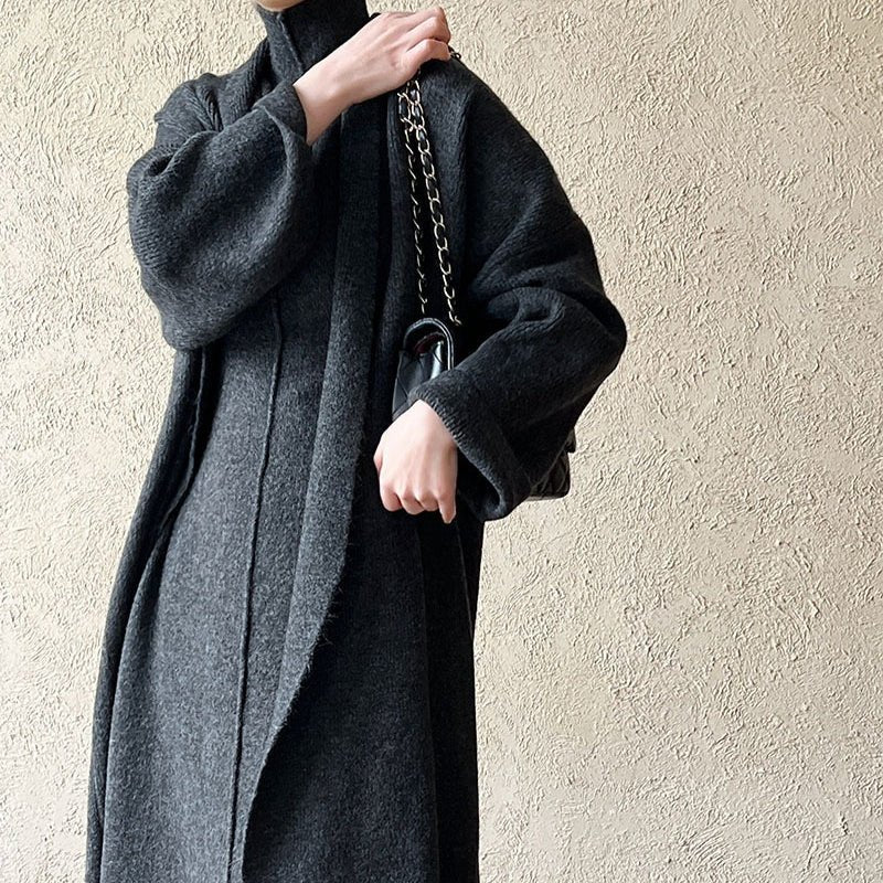 Long Knit Cardigan With Turtleneck Inner Dress For Autumn & Winter (MS177) - Image 15