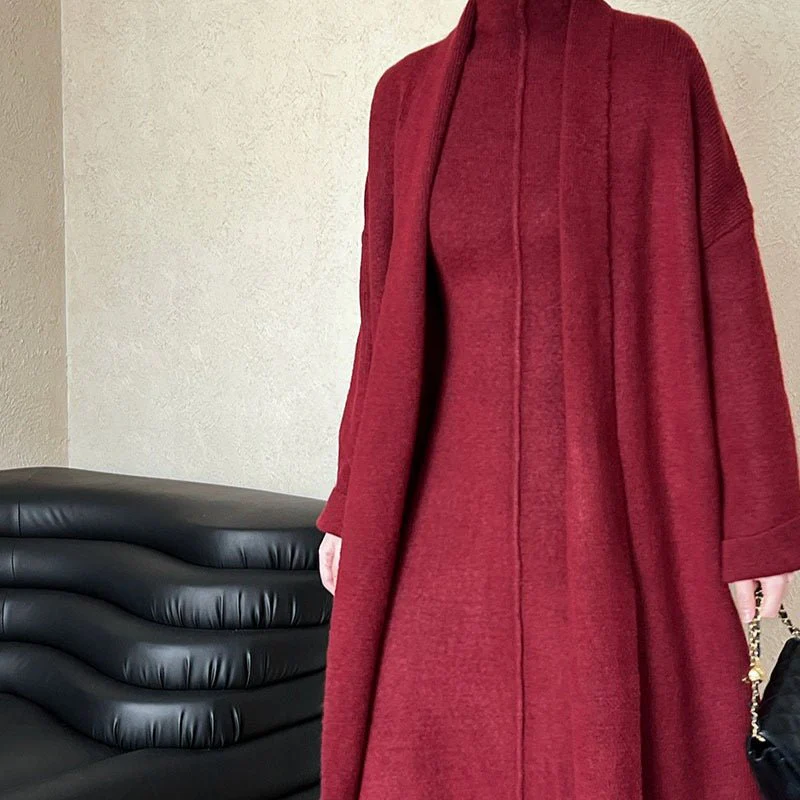 Long Knit Cardigan With Turtleneck Inner Dress For Autumn & Winter (MS177) - Image 17
