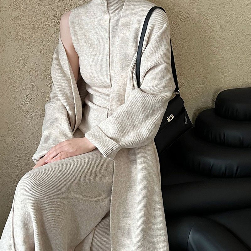 Long Knit Cardigan With Turtleneck Inner Dress For Autumn & Winter (MS177) - Image 2