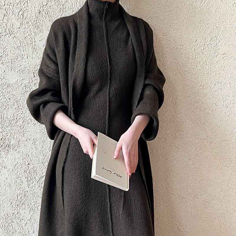 Long Knit Cardigan With Turtleneck Inner Dress For Autumn & Winter (MS177) - Image 20