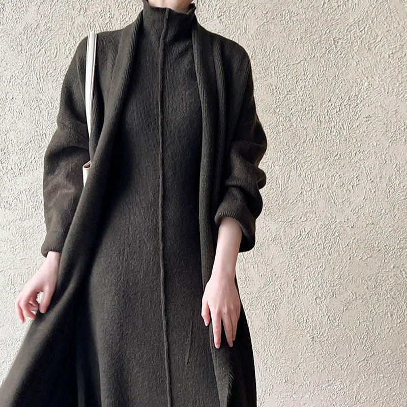 Long Knit Cardigan With Turtleneck Inner Dress For Autumn & Winter (MS177) - Image 22