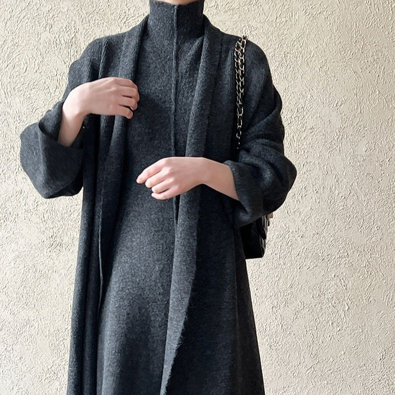 Long Knit Cardigan With Turtleneck Inner Dress For Autumn & Winter (MS177) - Image 3