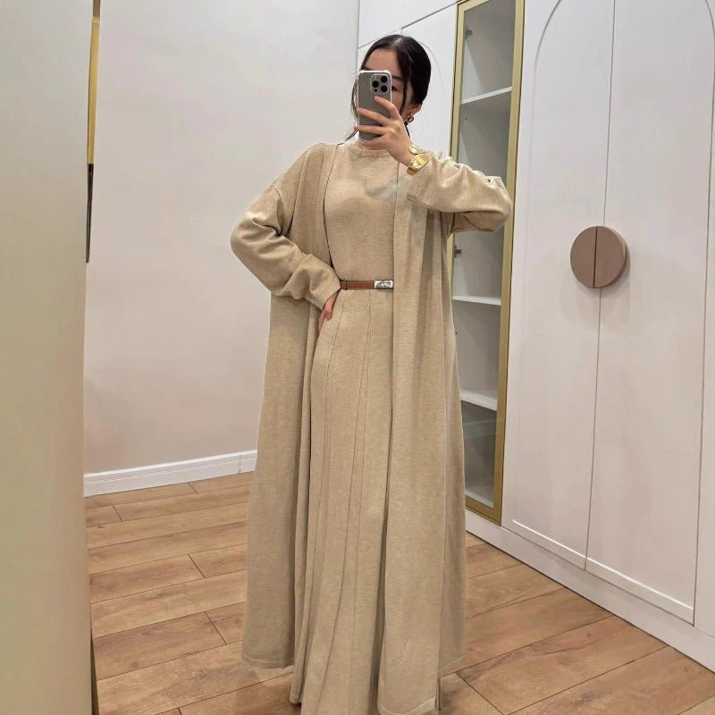 Long Open Cardigan & Pleated Dress Set(MS195)
