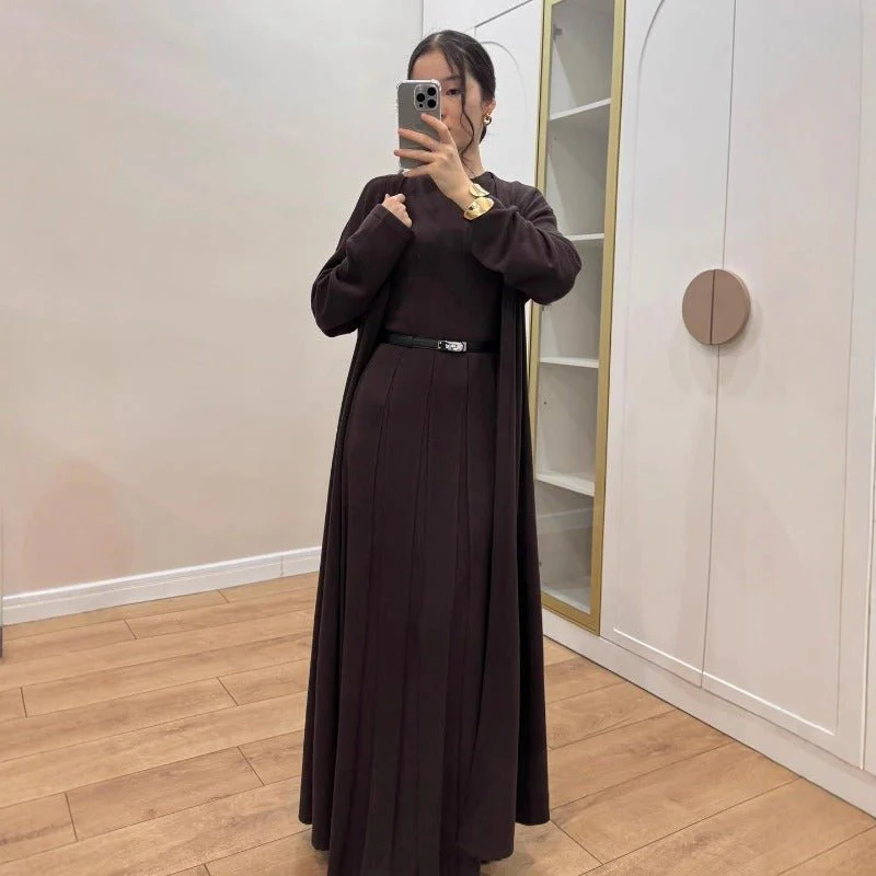 Long Open Cardigan & Pleated Dress Set(MS195) - Image 3