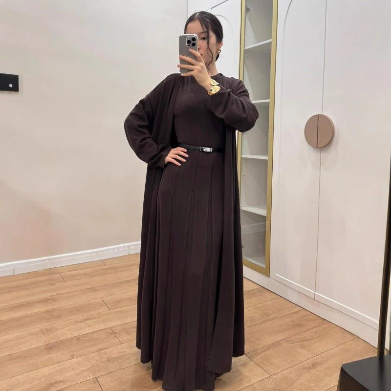 Long Open Cardigan & Pleated Dress Set(MS195) - Image 4