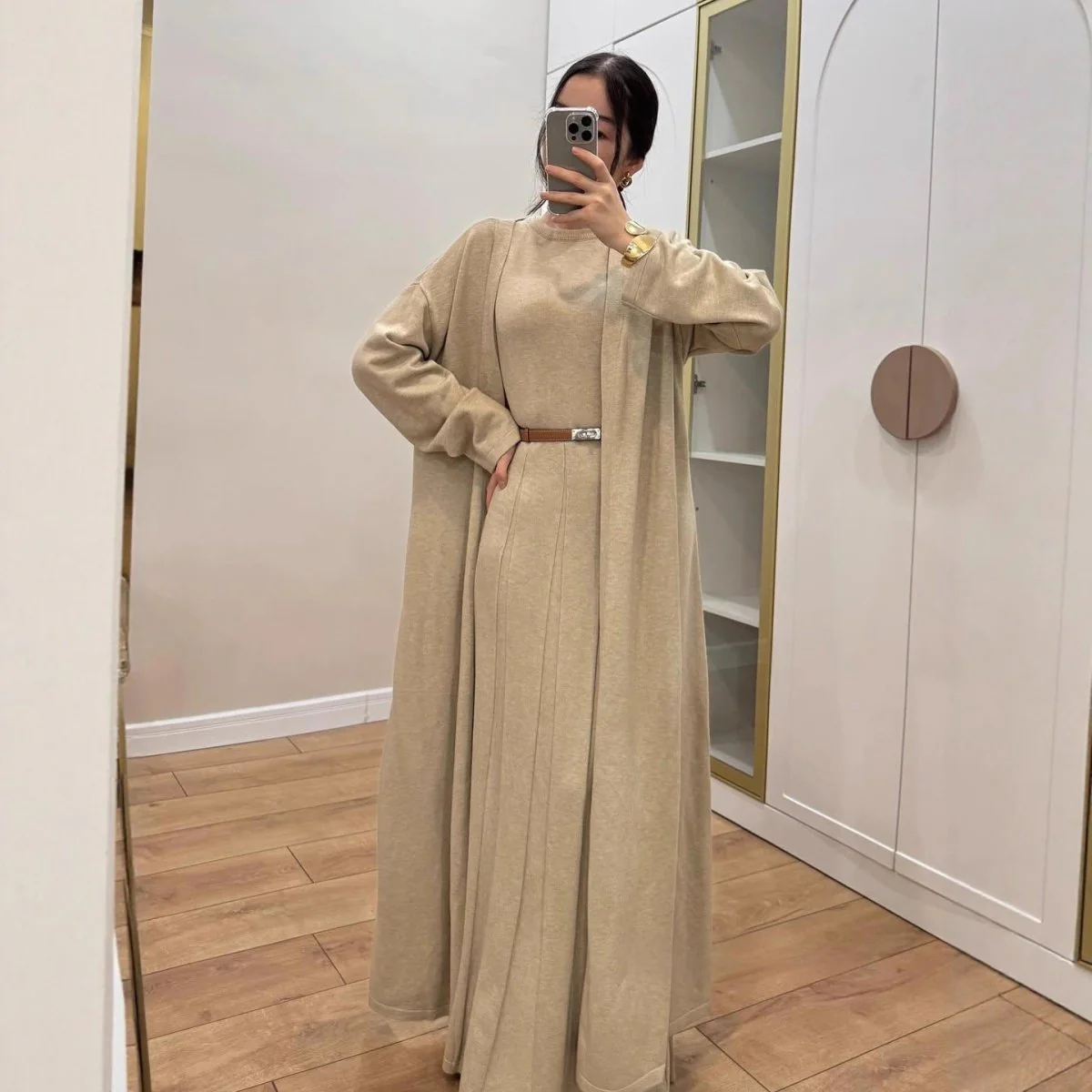 Long Open Cardigan & Pleated Dress Set(MS195) - Image 5