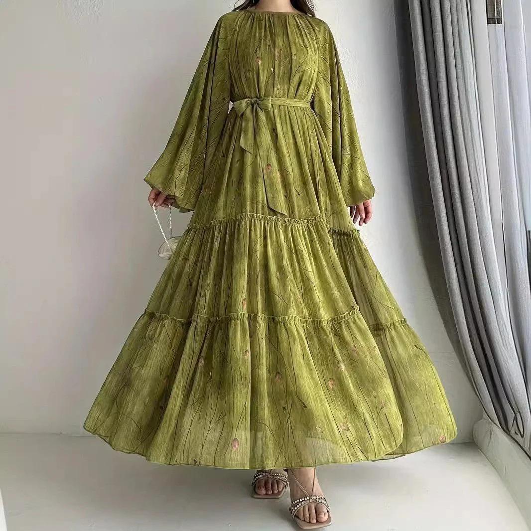 Long Sleeve Belted Chiffon Dress | Elegant Boho Peasant Gown(MA380) - Image 11