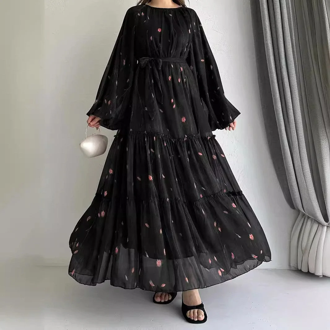 Long Sleeve Belted Chiffon Dress | Elegant Boho Peasant Gown(MA380) - Image 2