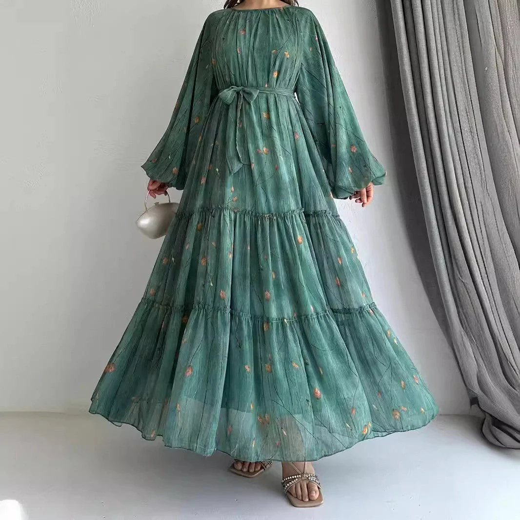 Long Sleeve Belted Chiffon Dress | Elegant Boho Peasant Gown(MA380) - Image 3