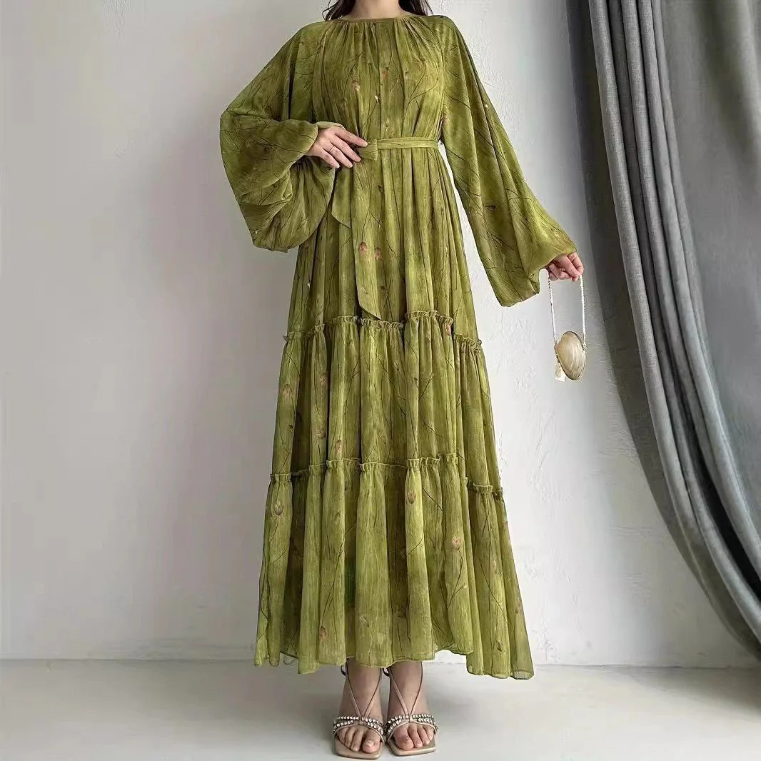 Long Sleeve Belted Chiffon Dress | Elegant Boho Peasant Gown(MA380) - Image 5
