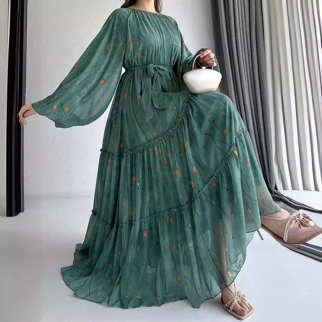 Long Sleeve Belted Chiffon Dress | Elegant Boho Peasant Gown(MA380) - Image 6
