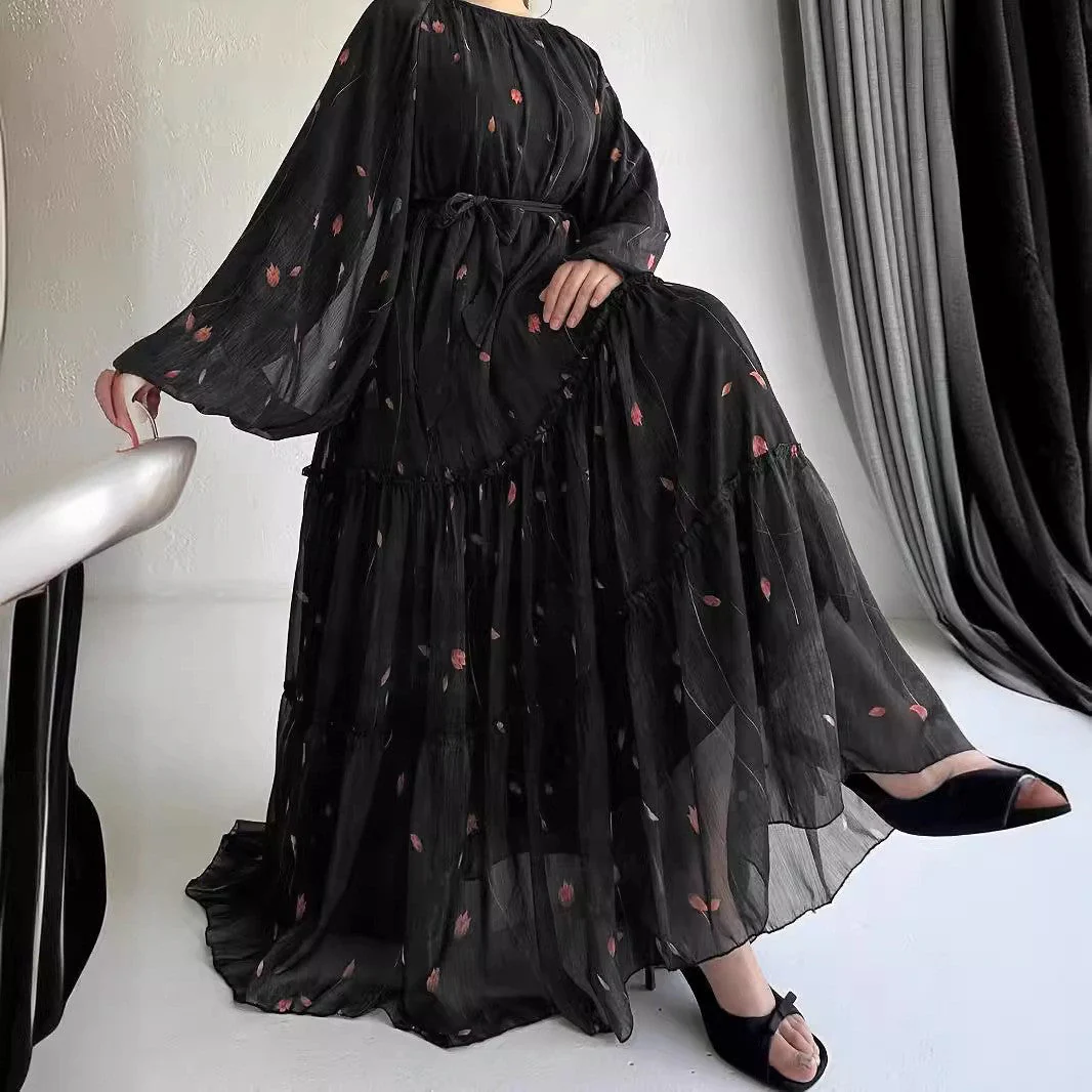 Long Sleeve Belted Chiffon Dress | Elegant Boho Peasant Gown(MA380) - Image 7