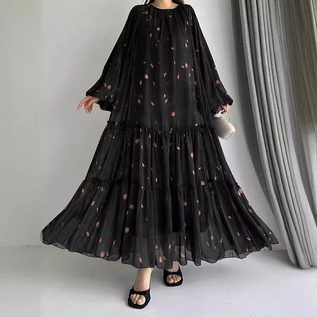 Long Sleeve Belted Chiffon Dress | Elegant Boho Peasant Gown(MA380) - Image 8