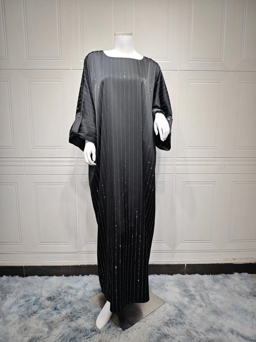 Long-Sleeved Sparkling Abaya Dress | Long Pullover Dress with Vertical Stripes (MA292) - Image 14