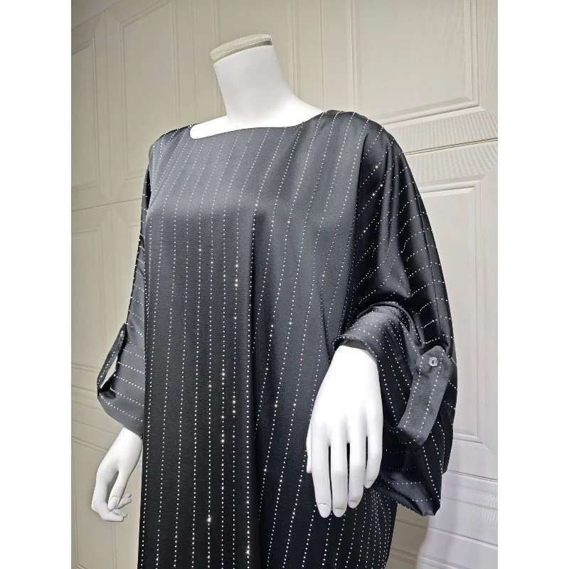 Long-Sleeved Sparkling Abaya Dress | Long Pullover Dress with Vertical Stripes (MA292) - Image 4