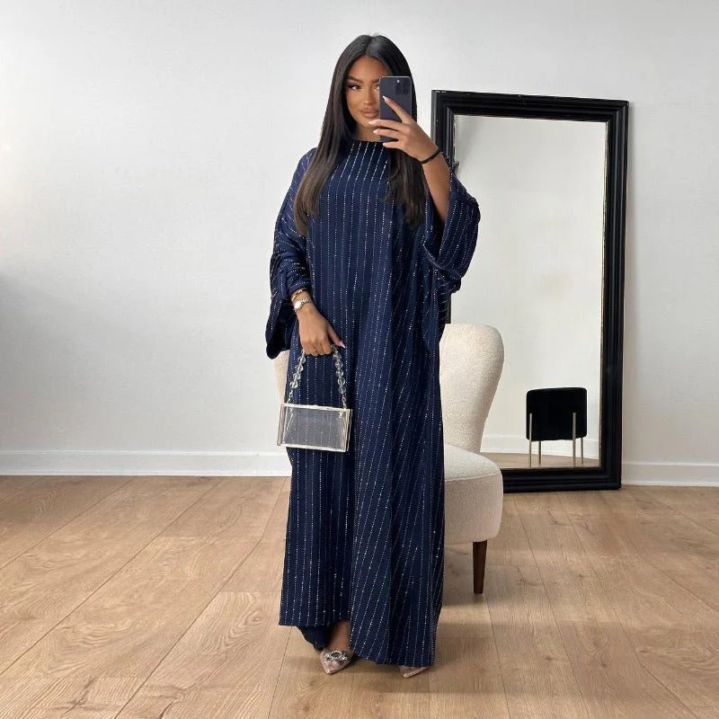Long-Sleeved Sparkling Abaya Dress | Long Pullover Dress with Vertical Stripes (MA292) - Image 5