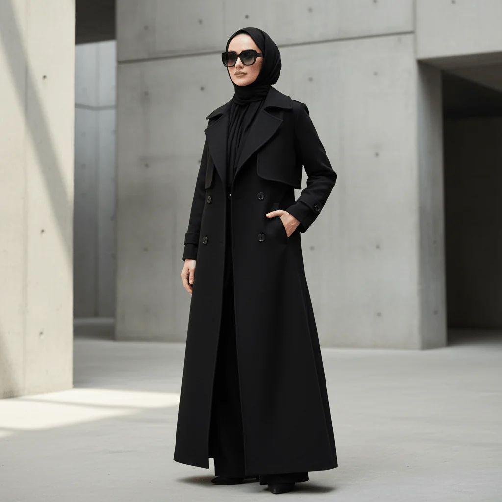 Long Wool Blend Trench Coat Abaya | Double-Breasted Belted Overcoat(MS188) - Image 2