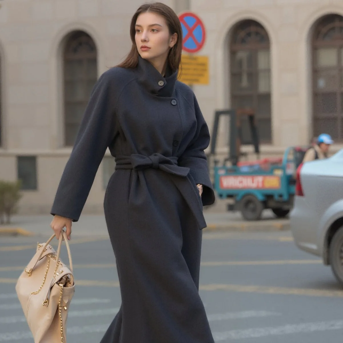 Long Wool Blend Trench Coat Abaya | Double-Breasted Belted Overcoat(MS188) - Image 3