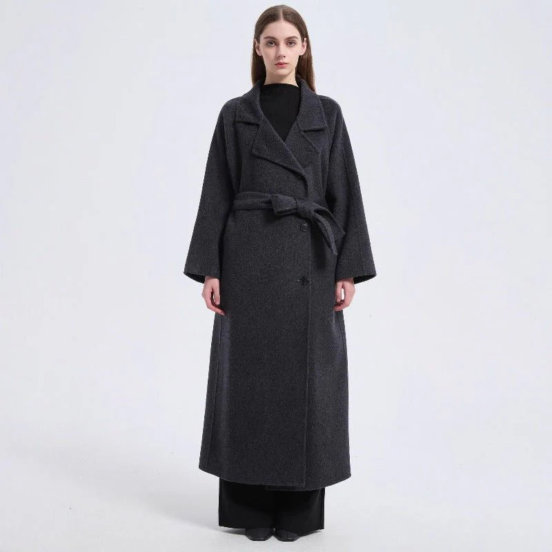 Long Wool Blend Trench Coat Abaya | Double-Breasted Belted Overcoat(MS188) - Image 4
