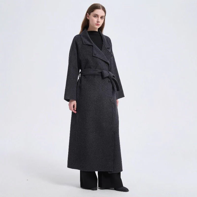 Long Wool Blend Trench Coat Abaya | Double-Breasted Belted Overcoat(MS188) - Image 5