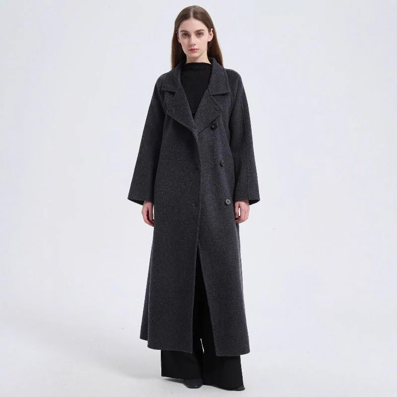 Long Wool Blend Trench Coat Abaya | Double-Breasted Belted Overcoat(MS188) - Image 6