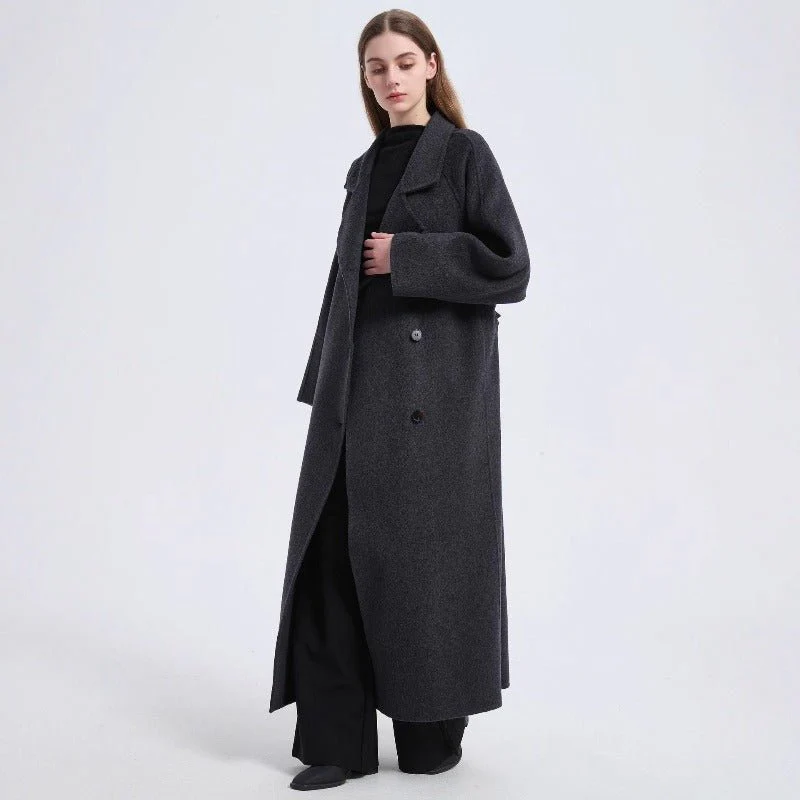 Long Wool Blend Trench Coat Abaya | Double-Breasted Belted Overcoat(MS188) - Image 7