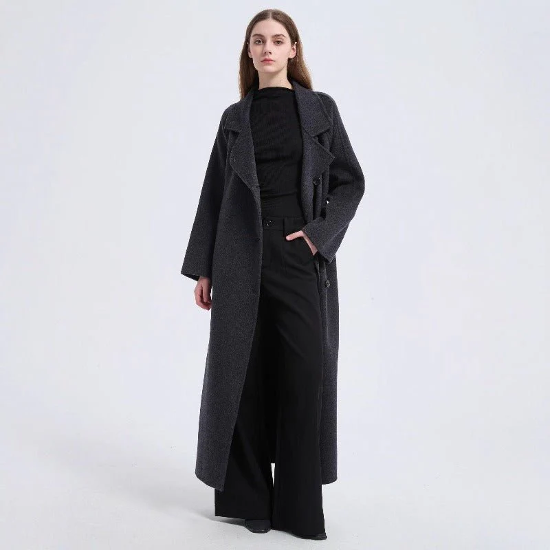 Long Wool Blend Trench Coat Abaya | Double-Breasted Belted Overcoat(MS188) - Image 8