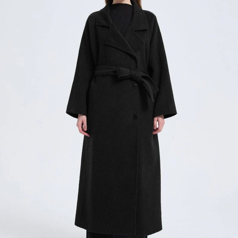 Long Wool Blend Trench Coat Abaya | Double-Breasted Belted Overcoat(MS188) - Image 9