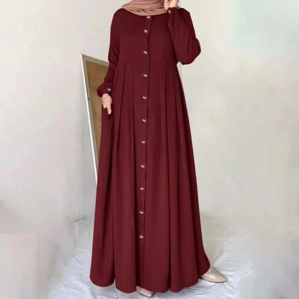 Button-Down Pleated Robe Maxi Dress | Loose Fit Modest Abaya (MA181) - Image 3