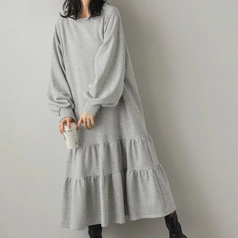 Loose Fit Ruffled Sweatshirt Maxi Dress(MS151) - Image 14