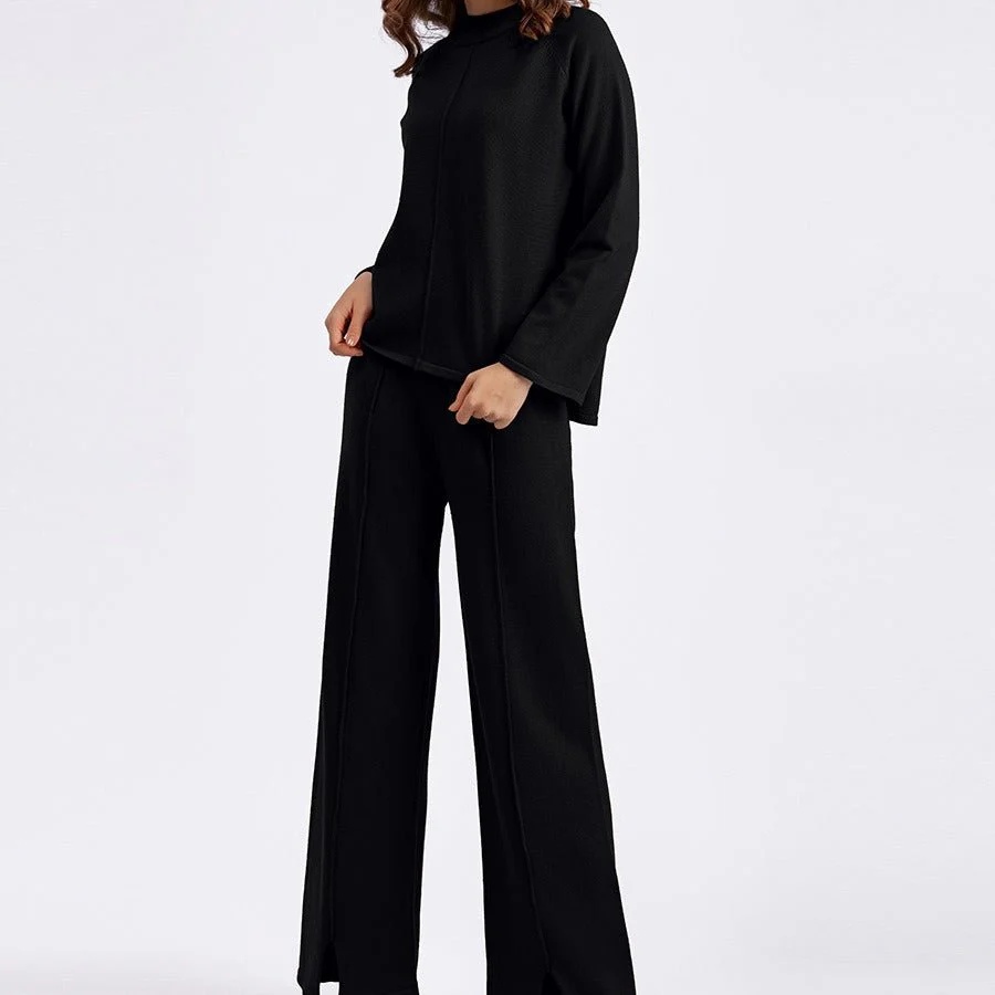 Loose Fit Solid Color Knit Two-Piece Set | Pullover Sweater & Wide Leg Pants with Side Slits(MS143) - Image 10
