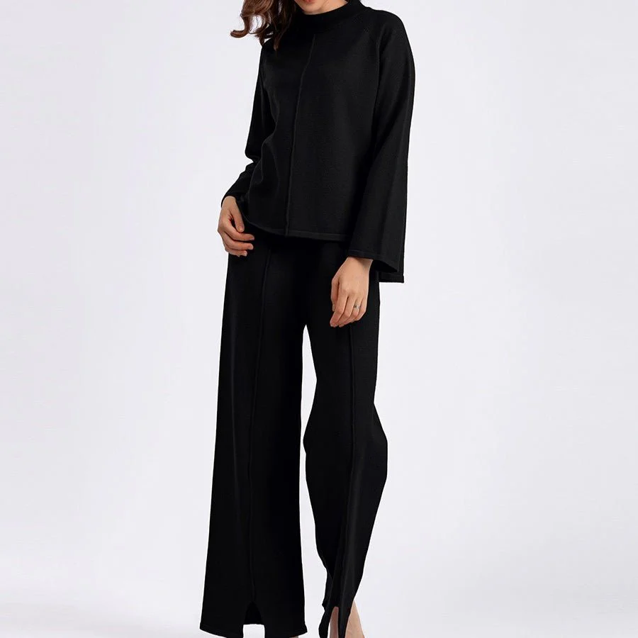 Loose Fit Solid Color Knit Two-Piece Set | Pullover Sweater & Wide Leg Pants with Side Slits(MS143) - Image 11