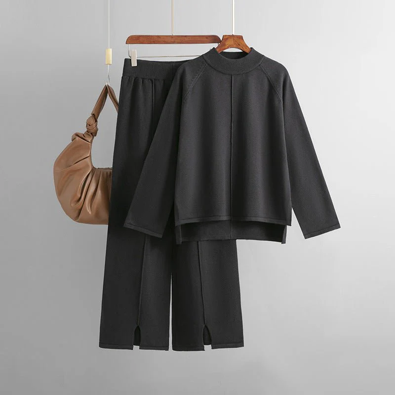 Loose Fit Solid Color Knit Two-Piece Set | Pullover Sweater & Wide Leg Pants with Side Slits(MS143) - Image 12