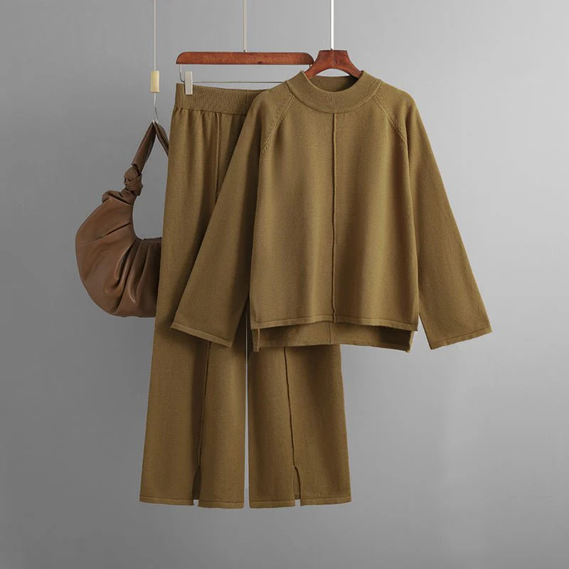 Loose Fit Solid Color Knit Two-Piece Set | Pullover Sweater & Wide Leg Pants with Side Slits(MS143) - Image 13