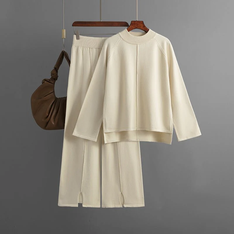 Loose Fit Solid Color Knit Two-Piece Set | Pullover Sweater & Wide Leg Pants with Side Slits(MS143) - Image 14