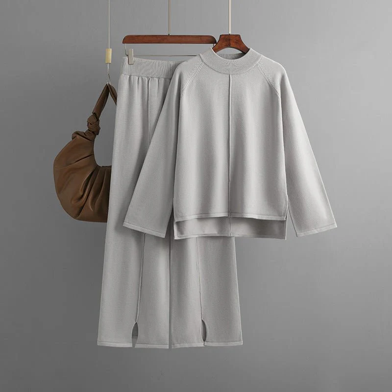 Loose Fit Solid Color Knit Two-Piece Set | Pullover Sweater & Wide Leg Pants with Side Slits(MS143) - Image 15