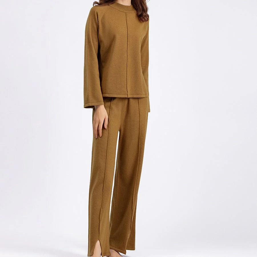 Loose Fit Solid Color Knit Two-Piece Set | Pullover Sweater & Wide Leg Pants with Side Slits(MS143) - Image 3