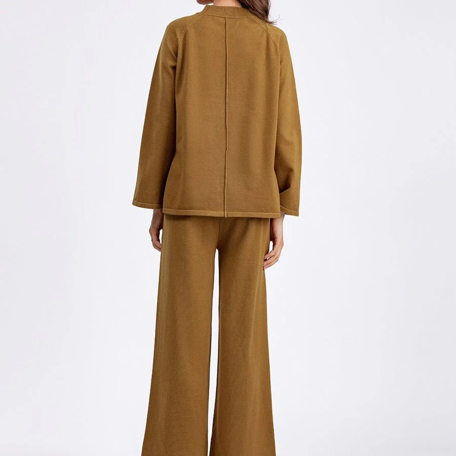 Loose Fit Solid Color Knit Two-Piece Set | Pullover Sweater & Wide Leg Pants with Side Slits(MS143) - Image 4