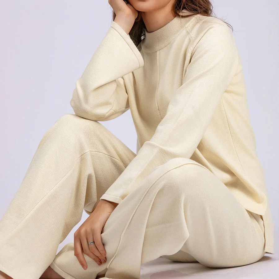 Loose Fit Solid Color Knit Two-Piece Set | Pullover Sweater & Wide Leg Pants with Side Slits(MS143) - Image 5