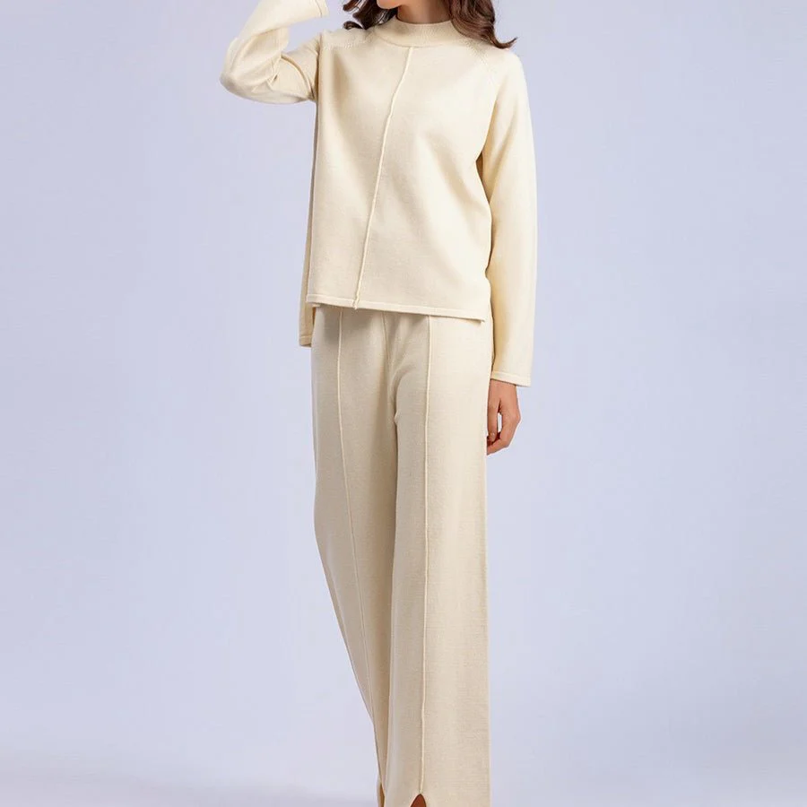 Loose Fit Solid Color Knit Two-Piece Set | Pullover Sweater & Wide Leg Pants with Side Slits(MS143) - Image 6