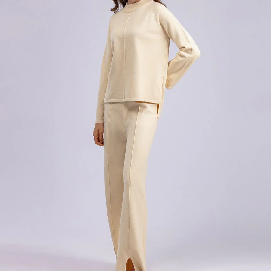 Loose Fit Solid Color Knit Two-Piece Set | Pullover Sweater & Wide Leg Pants with Side Slits(MS143) - Image 7
