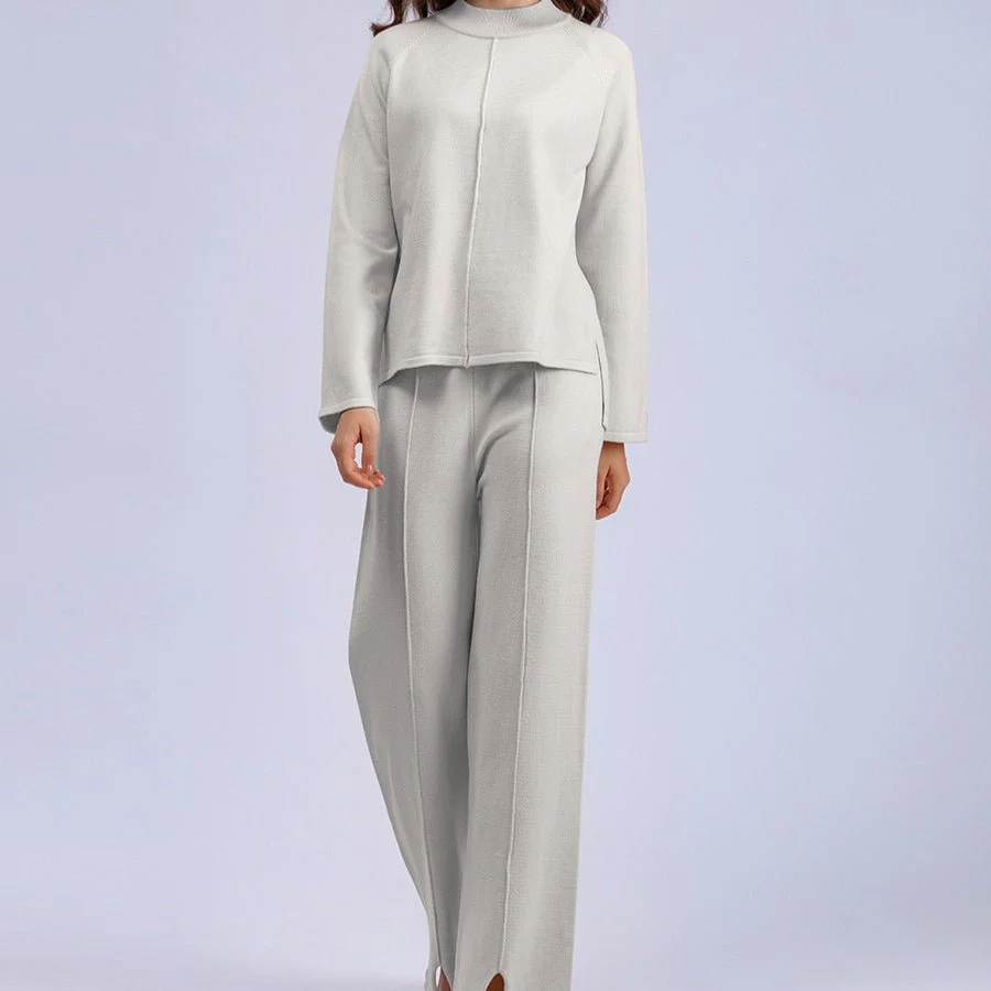 Loose Fit Solid Color Knit Two-Piece Set | Pullover Sweater & Wide Leg Pants with Side Slits(MS143) - Image 8