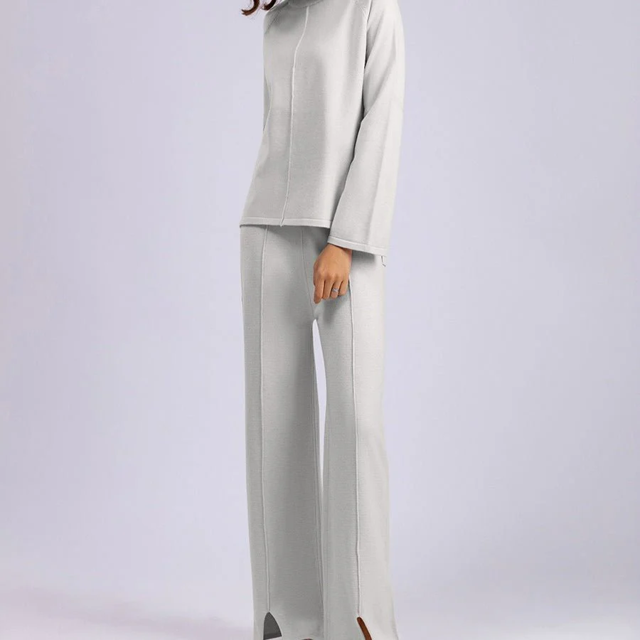 Loose Fit Solid Color Knit Two-Piece Set | Pullover Sweater & Wide Leg Pants with Side Slits(MS143) - Image 9